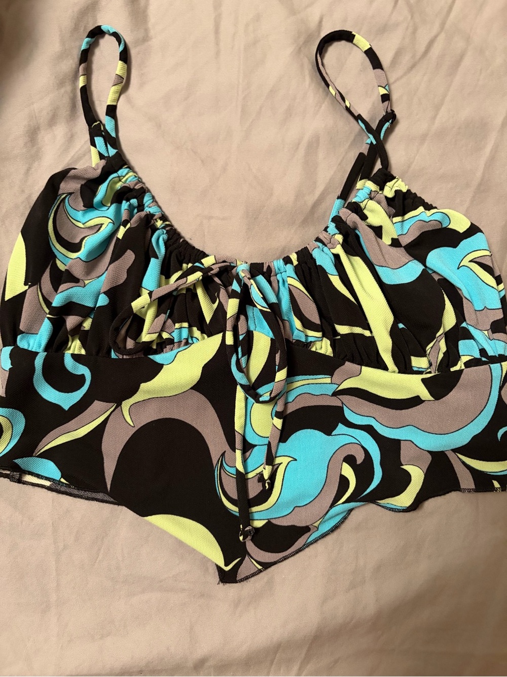 Urban Outfitters Black Crop Top with Aqua Blue & Lime Swirl Print
